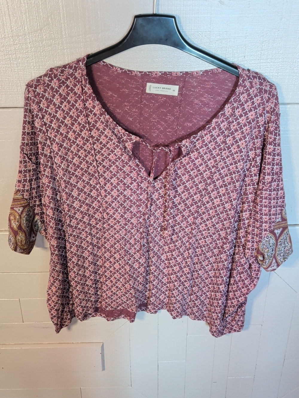 Lucky Brand Mauve Printed Tie-Neck Blouse